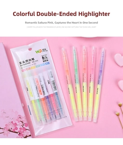 Close-up of dual-tip pastel highlighters set in transparent pouch with floral deco