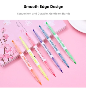 Detailed view of six dual-tip highlighter pens with transparent barrels on pink background