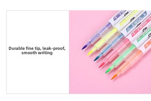 Close-up of fine nib dual-tip highlighters in six vibrant colors on pink background
