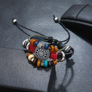 Multilayer leather beaded bracelet with sunflower pendant and adjustable cord