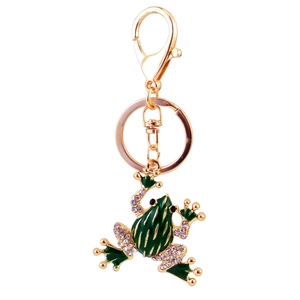 Cute green enamel frog keychain with sparkling crystals and gold-plated finish