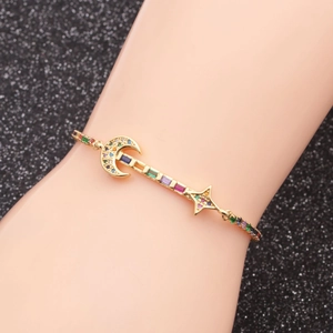 Bohemian gold plated moon and star adjustable bracelet with multicolor zircon stones