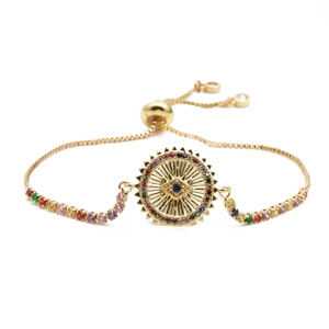 Adjustable gold bracelet with colorful zircon evil eye sunburst pendant and box chain