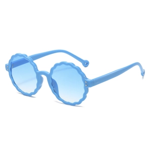 Blue scalloped edge round sunglasses for children with gradient lenses and UV protection