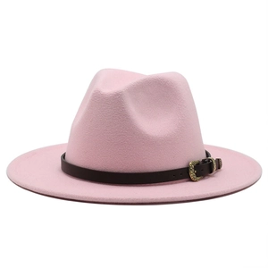 Pink wide brim wool fedora hat with dark brown leather band and gold buckle detail