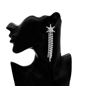 Elegant long silver tassel earrings with snowflake star and dangling rhinestone chains