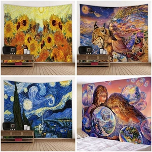 Detail view of Van Gogh style artistic wall tapestries displayed in a cozy living room setup