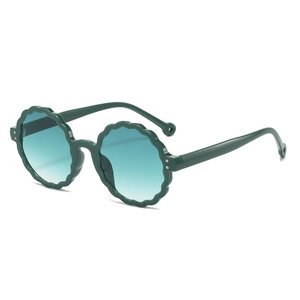 Kids round petal sunglasses with dark green frames and blue gradient lenses for outdoor