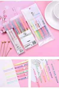 Detailed view of dual-tip highlighters in six vibrant colors with broad and fine tips