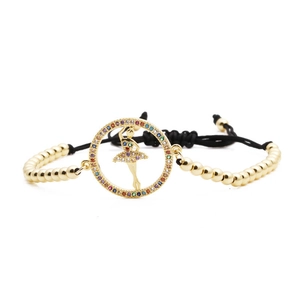 Adjustable gold ballet dancer bracelet with colorful zircon inlay and black braided rope cord