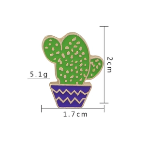 Detailed view of enamel cactus brooch dimensions featuring green and purple patterns