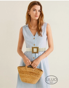 Fashionable braided waist belt with square buckle paired on a blue striped sleeveless dress