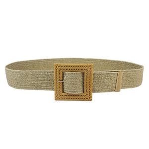 Women's woven elastic waist belt with a square buckle in a natural beige straw style