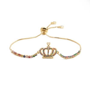 Adjustable Bracelet Copper Micro Pave Zircon Crown Design Sliding Buckle Jewelry For Men And Women Fashion Accessory Rainbow