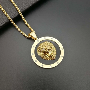 Hip-hop style gold-plated titanium steel lion head pendant necklace with rhinestones