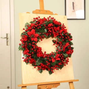 Artificial Christmas Wreath With Red Berries Poinsettia Flowers And Green Leaves For Holiday Home Door Decoration