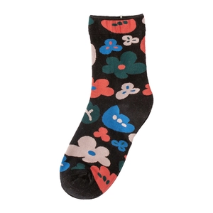 Mid-calf cotton socks featuring colorful cartoon flower patterns on black fabric