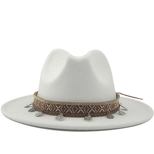 Vintage British Style Cashmere Fedora Hat For Women Metal Leaf Ethnic Band Coin Pendant Wide Brim Jazz Hat Autumn Winter Accessories