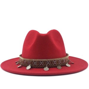 Red wool fedora hat with bohemian braided band and vintage silver coin charms