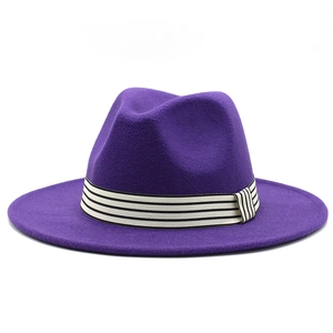 Purple wool jazz fedora hat with stylish black and white striped band for women and men
