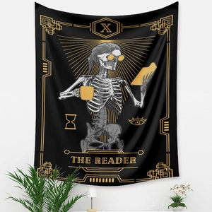 Macro detail of The Reader tarot tapestry featuring a skeleton with coffee and book
