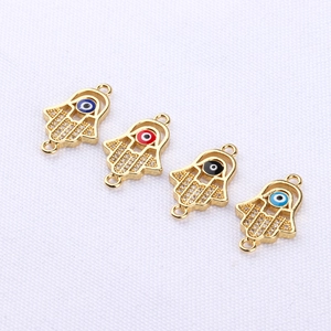 Gold Hamsa Hand connectors with colorful evil eye enamel and white zircon for DIY jewelry