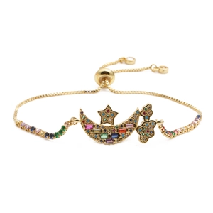 Adjustable Copper Bracelet Micro Pave Colorful Zircon Moon Star Butterfly Charm Jewelry For Women And Men