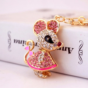Cute Rhinestone Mouse Keychain Zinc Alloy Zodiac Animal Bag Pendant Gold Plated Bow Mouse Keyring For Women Accessories