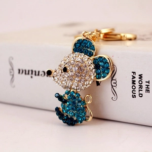 Cute golden mouse keychain with blue and white crystals for bags and car keys