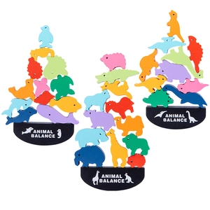 Stackable wooden animal balance blocks set featuring sea, wild, and dinosaur themes