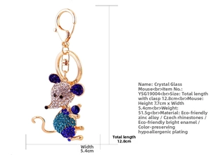 Detailed dimensions of mouse keychain with sparkling blue crystals and gold plating