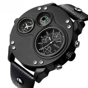 Detail view of Oulm multi-timezone quartz watch with compass and decorative metal screws