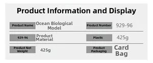 Detailed specifications table for 6-piece plastic marine animal toy set showing weights and styles