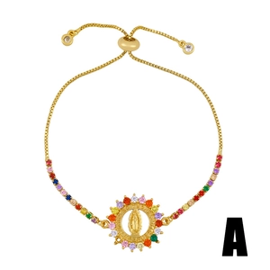 Virgin Mary bracelet in gold with colorful cubic zirconia and adjustable slide clasp