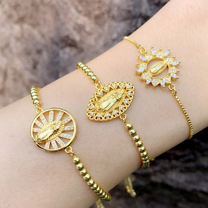 Three-piece gold plated Virgin Mary bracelet set with sparkling white zircon crystals