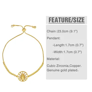 Size chart for Virgin Mary gold plated bracelet featuring cubic zirconia stones