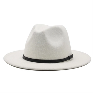 Classic white fedora hat with black band, wide brim felt jazz cap for men and women