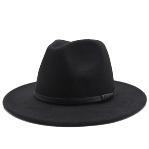 Detailed view of black wool felt fedora hat featuring a matching thin decorative band