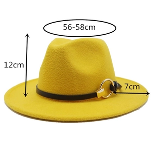 Detailed dimensions of yellow fedora with leather band and gold metal ring accent