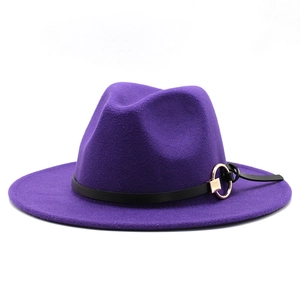 Elegant purple wool fedora jazz hat with flat brim and gold buckle leather band