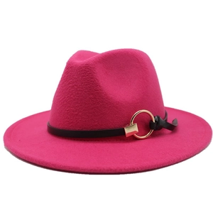 Detail of rose red fedora hat with black leather band and golden metal ring buckle