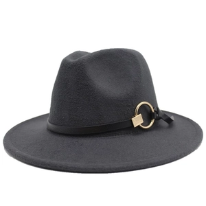 Detail of dark grey wool fedora featuring a black leather band and golden metal buckle