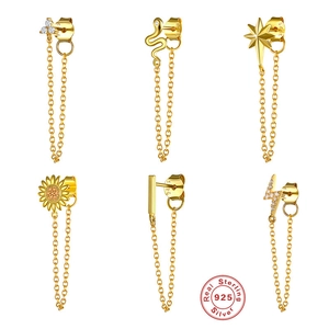 Single Tassel Chain Earring Minimalist 925 Sterling Silver With Zircon Lightning Snake Sunflower Star Jewelry For Women