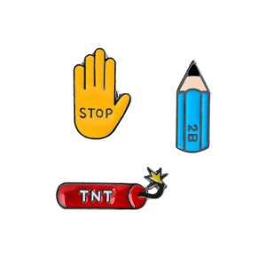 Cartoon enamel pin set with yellow stop hand, blue 2B pencil and red TNT dynamite designs
