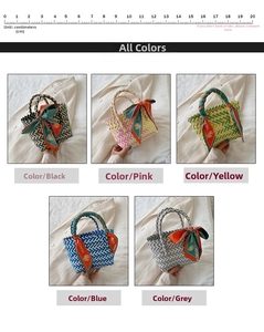 Detail view of woven mini tote bags with patterned silk scarves in five colors