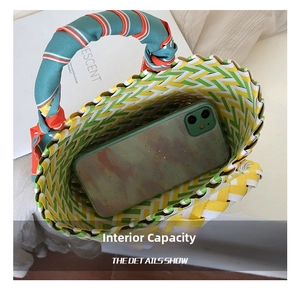 Top view of woven tote bag interior showing capacity with a smartphone inside