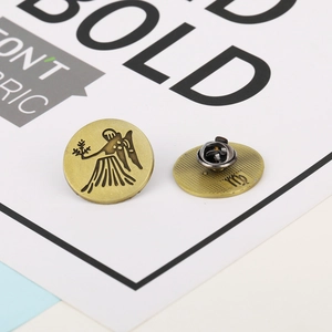 Vintage bronze Virgo zodiac brooch pins featuring goddess figure and symbol on white card