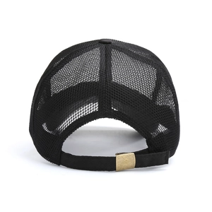 Rear view of black breathable mesh baseball cap with adjustable metal buckle for sun protection