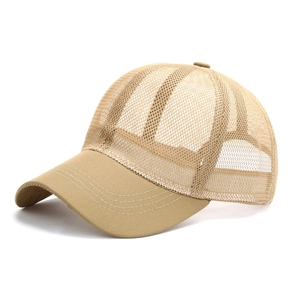 Detailed view of the khaki breathable mesh back on this summer outdoor baseball cap
