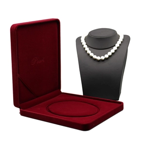 Dark red velvet necklace jewelry box with interior round display tray and flip lid